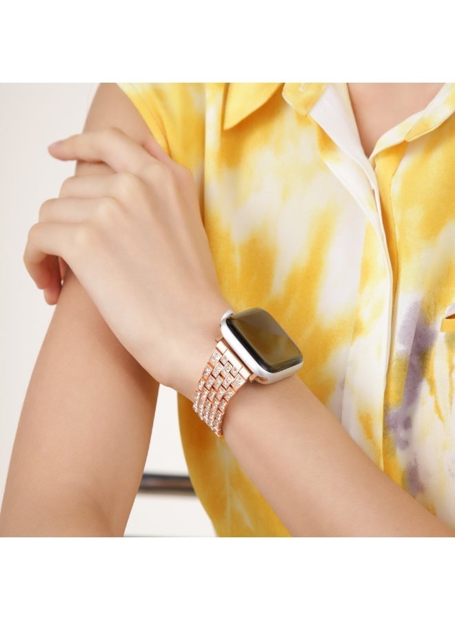 سوار فاخر لساعة آبل مزين بحجر الزركون، حزام من الفولاذ المقاوم للصدأ قابل للتعديل، متوافق مع مقاسات 42 مم و44 مم و45 مم و49 مم (السلسلة 1–9، SE، ألترا وألترا 2) — ذهبي وردي - Image 4